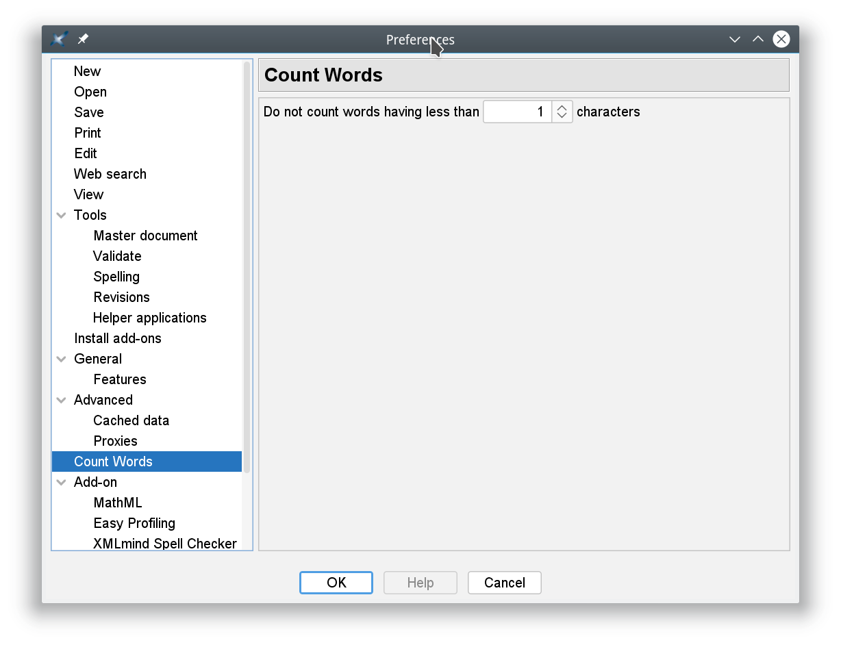 The Count Words preferences sheet