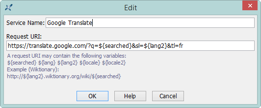 Dialog box allowing to add or edit a web search service specification