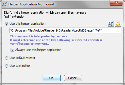The "Helper Application Not Found" dialog box