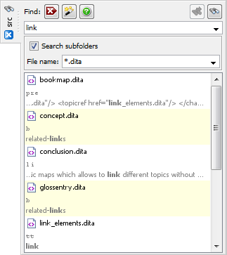 Search our DITA tutorial for topic files (*.dita) containing substring "link"