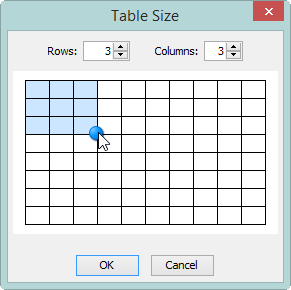 The "Table Size" dialog box