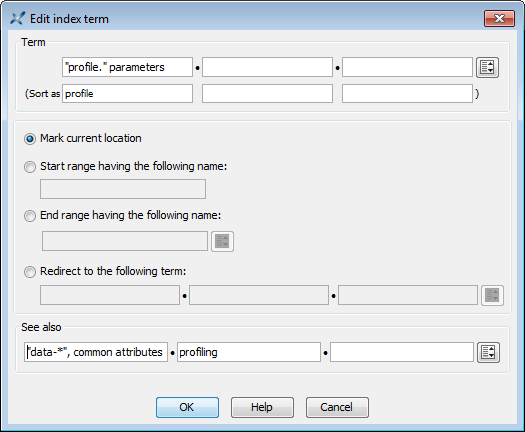 The "Edit index term" dialog box of XMLmind XML Editor