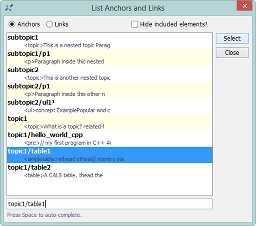 "List Anchors and Links" dialog box