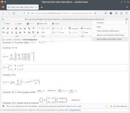 A DocBook document containing MathML equations opened in XXE Web Edition (running in Firefox).
