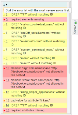 Validity tool showing the error list in document order (default order).