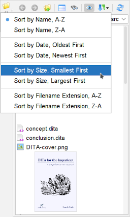 The menu displayed by the "Sort files by" button of the "Browse Files" tool