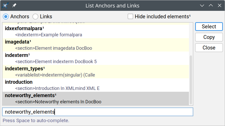 The "List Anchors and Links" dialog box