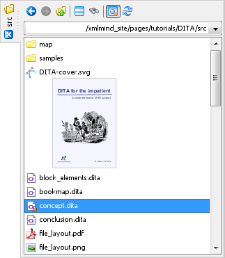 The "Browse Files" tool showing the source files of our DITA tutorial
