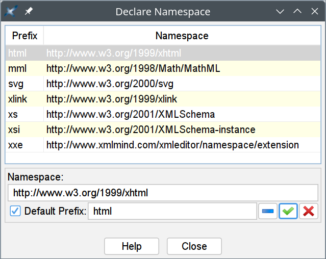 The "Declare Namespace" dialog box showing extra namespaces for an XHTML document