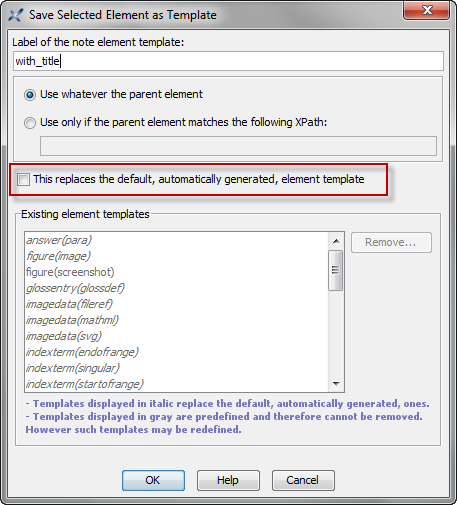 'Save selected element as template' dialog box